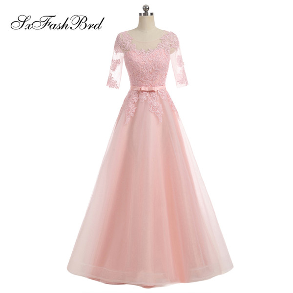 Girls Dress Elegant Sexy O Neck With Appliques Half Sleeves A Line Long Party Formal Evening Dresses for Women Prom Dress Gowns