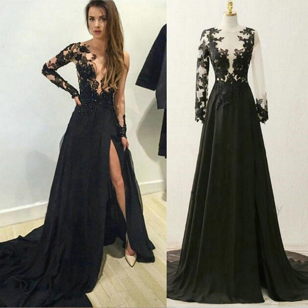 sequin dress champagne Black Long sleeve A-Line Floor-Bength Evening Dresses Sweep-Train party Dresses Lace Chiffon CK057