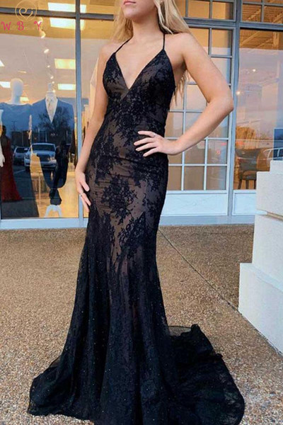 Black Evening Dresses Mermaid Sleeveless Spaghetti Strap Robe De Soiree Sexy V Neck Long Femme Lace Formal Party Prom Gowns