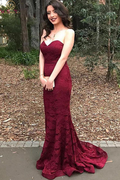 Dark Red Evening Dresses Elegant Mermaid robe de soiree Floor Length Sweetheart Neck Formal Party Sleeveless Long Lace Gown 