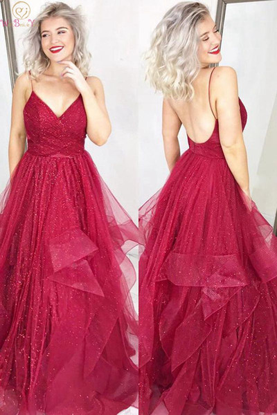 Dark Red Evening Dresses Elegant A Line Sleeveless Spaghetti Straps V-neck Bling Sequined Floor Length Ruffles Formal Long Gowns