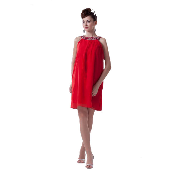 Modest Ladies Red Chiffon Short Dress Fashion Party Beaded Halter Neckline Eren Jossie Designer Style