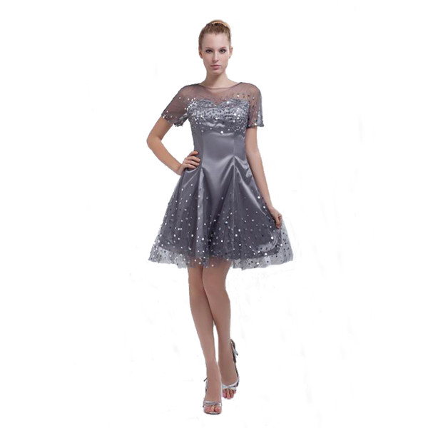 New Style Fashion Ladies A-Line Party Dress Gray Tulle With Sequins Short Sleeve Above Knee Cocktail Dress