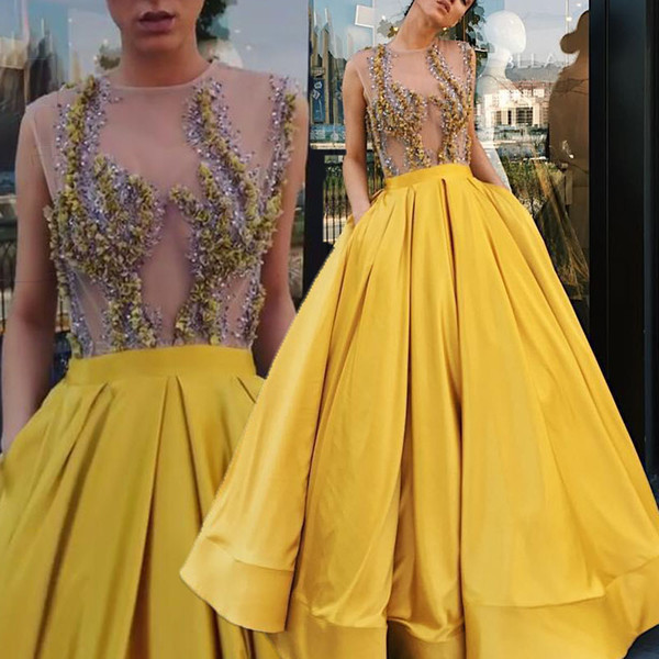 GiayMus Jewel Neck Ball Gown Prom Dresses Illusion Sleeveless Lace Appliques Beading Yellow Evening Dresses Party Dress vestidos de fiesta