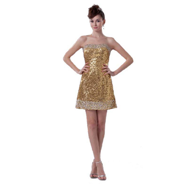 Latest Fashion Gold Sequined Brand Party Dress Ladies Sweetheart Above Knee Length Royal Queen Dress Short