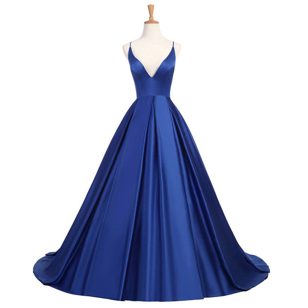 2017 Royal Blue Sexy Satin Evening Dresses Long A line Prom Dresses Evening Party Dress Evening Gown Open Back Robe De Soiree