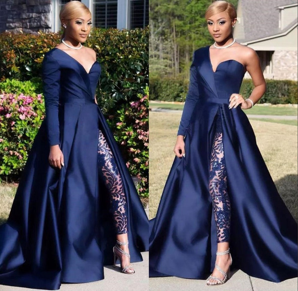 Elegant One Shoulder Long Sleeve Evening Dresses Pant Suits A Line Dark Navy Split Prom Party Gowns Jumpsuit Celebrity Dresses BC0282