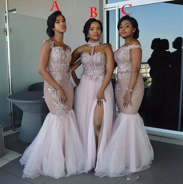 African Bridesmaid Dresses Long Mixed Style Appliques Off Shoulder Mermaid Prom Dress Split Side Maid Of Honor Dresses Evening Wear