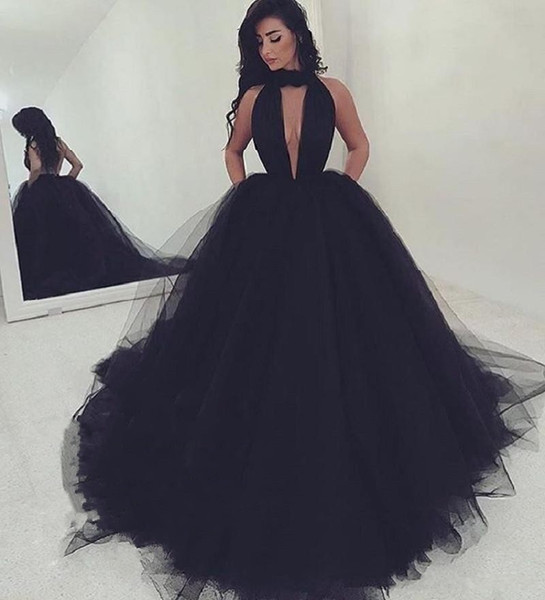 Sexy Halter Backless Black Prom Dresses 2017 New Long Formal Dress Evening Wear Puffy Tulle Women Cocktail Party Gowns Custom Made