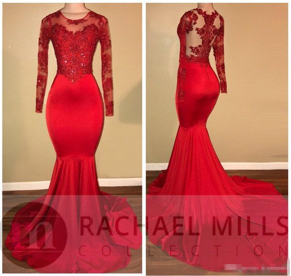 Vintage Sheer Long Sleeves Red Prom Dresses Mermaid Appliqued Sequined African Black Girls Evening Gowns Red Carpet Dress