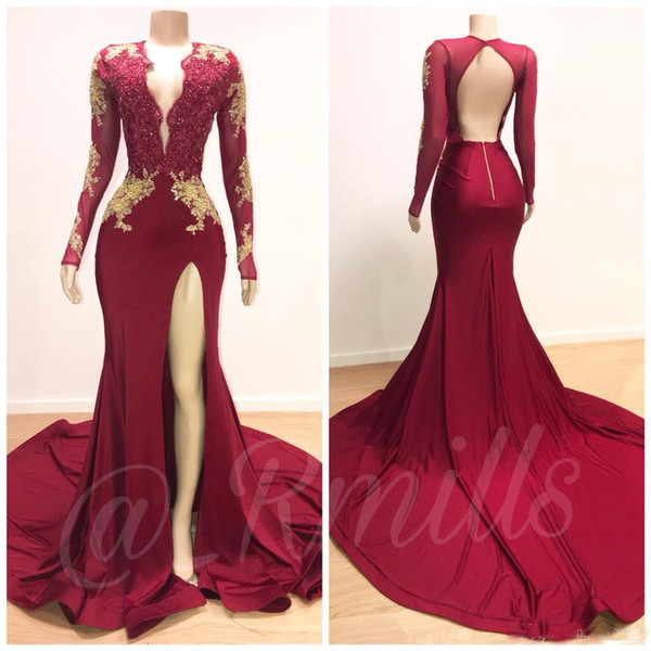 Dark Red Sexy Mermaid Prom Dresses V Neck Long Sleeves Sequined Beaded Special Occasion Dresses Formal Evening Dresses Wear Vestidos