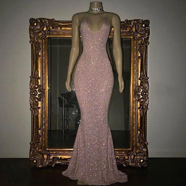 Stunning Rose Pink Sequined 2K18 Prom Dresses Sexy Spaghetti Straps Mermaid Sleeveless Evening Gowns BA5415