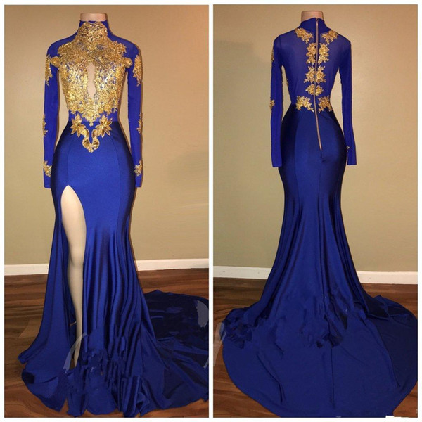 Sexy Split Mermaid Evening Dresses Royal Blue Chiffon Gold Applique Arabia Vestidos De Festa Party Dress Prom Formal Pageant Celebrity Gowns