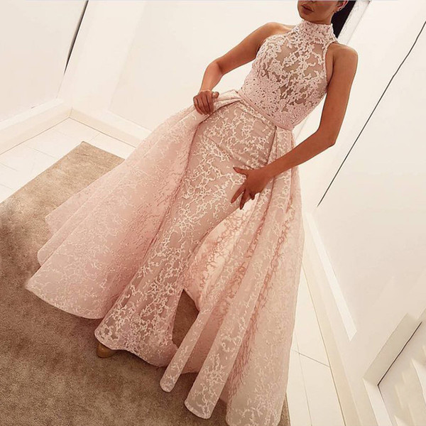 Zuhair Murad Evening Dresses Sleeveless Pink Lace High Neck Formal Party Gowns Detachable Train Pageant Celebrity Arabic Prom Dresses