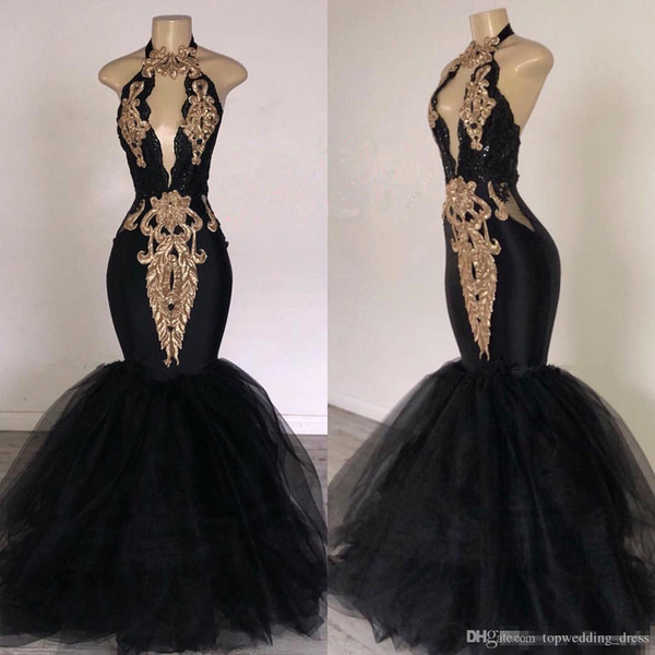 Black Prom Dresses with Gold Appliqued Mermaid South Africa Formal Evening Dress Halter Neck Sweep Train Occasion Party Dresses