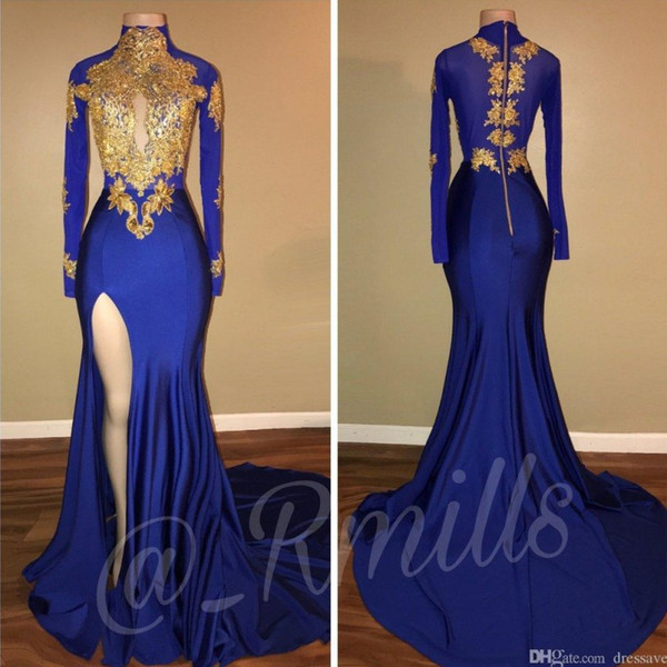 Sexy High Neck Blue Prom Dresses Mermaid Slit Long Sleeves Party Dress Evening Wear Lace Applique Sequined Graduation Gowns 2K19