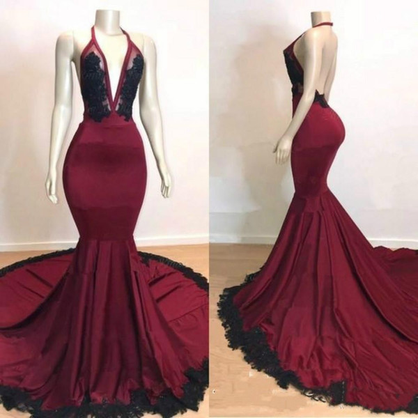 Modest Halter Backless Mermaid Satin Prom Dresses Pageant Sleeveless African Lace Applique Evening Vestido de noche Party Dresses u22