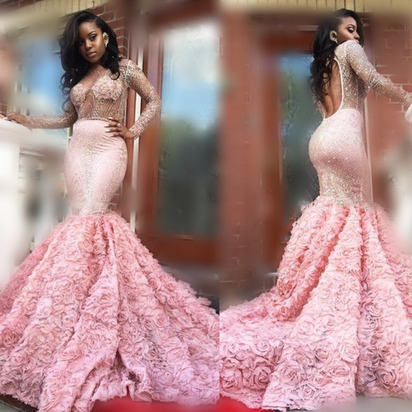 Gorgeous 2k17 Pink Long Sleeve Prom Dresses Sexy See Through Long Sleeves Open Back Mermaid Evening Gowns South African Formal Party Dress