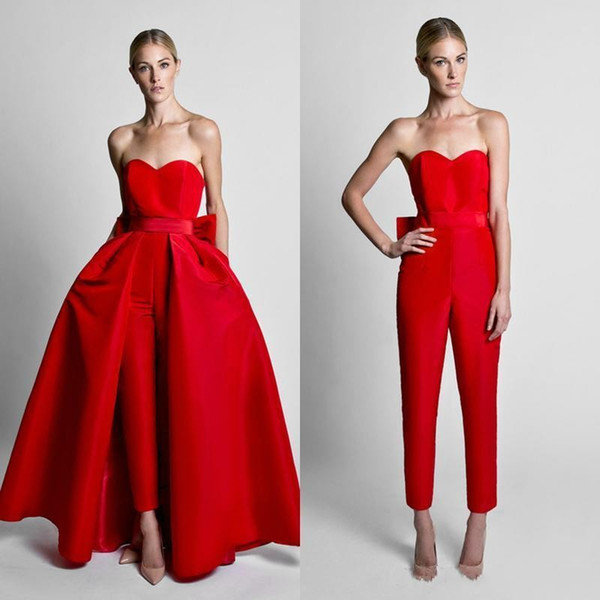 Krikor Jabotian Red Jumpsuits Formal Evening Dresses With Detachable Skirt Sweetheart Prom Dresses Party Wear Pants for Women Custom Made