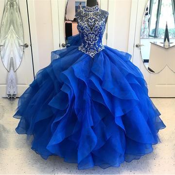 High Neck Crystal Beaded Bodice Corset Organza Layered Quinceanera Dresses Ball Gowns Princess Prom Dresses