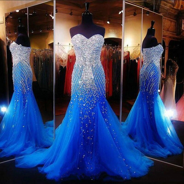 2017 Royal Blue Sexy Elegant Mermaid Prom Dresses for Pageant Sweetheart Women Long Tulle with Rhinestones Runway Formal Evening Party Gowns