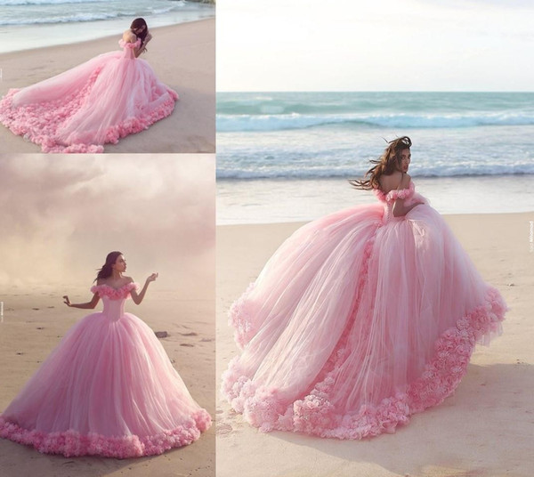 New Puffy 2017 Pink Quinceanera Gowns Princess Cinderella Formal Long Ball Gown Bridal Weddings Dresses Chapel Train Off Shoulder 3D Flowers