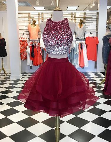 Short Burgundy Prom Dress Two Pieces Cheap Jewel Neck Bling Beaded Bodice Ruffles Skirts Organza Homecoming Party Dresses Gowns Formal