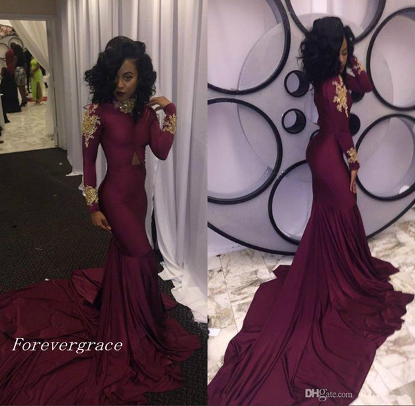 2017 Fashion Women Wine Red Prom Dress Sexy South African Gold Appliques Burgundy Long Formal Evening Party Gown Custom Made Plus Size