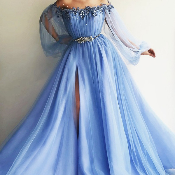 Off The Shoulder Evening Dresses Puff Sleeves Appliques Beaded Tulle Satin Split Side Floor Length Light Sky Blue Lavender Prom Dresses