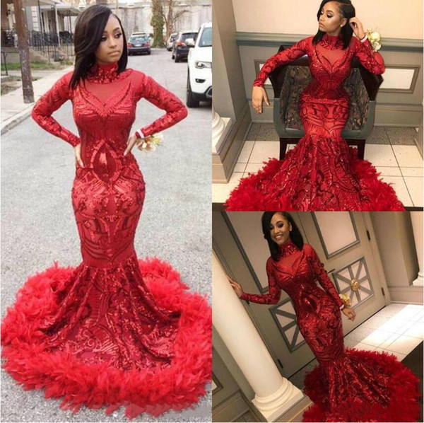 Red Mermaid African Prom Dresses New Feather Long Sleeve Floor Length Sequined High Neck Formal Evening Dress pageant Party Gowns