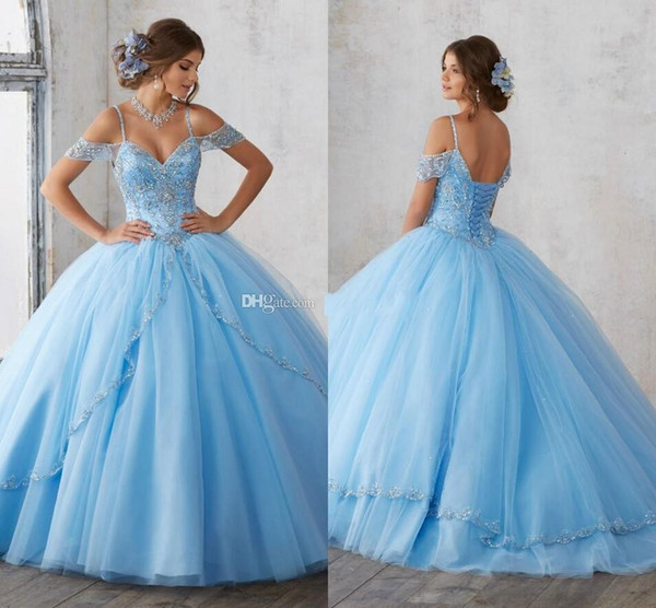 Light Sky Blue Ball Gown Quinceanera Dresses Cap Sleeves Spaghetti Beading Crystal Princess Prom Party Dresses For Sweet 16 Girls