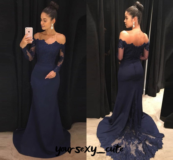 Off The Shoulder Navy Blue Mermaid Prom Dresses Long Sleeves Lace Satin Evening Dresses Formal Evening Dress Elegant Prom Dress Formal Gowns