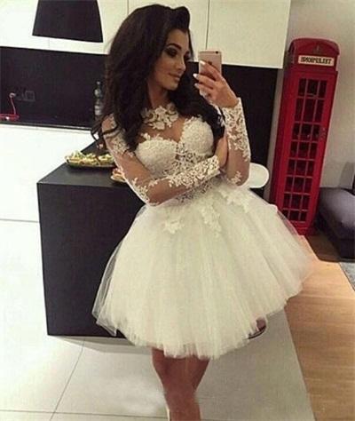 Custom Ball Gown Homecoming Dresses Long Sleeves Sheer Neck Sweet 16 Dresses Pageant Prom Dresses Mini Short Graduation Dress