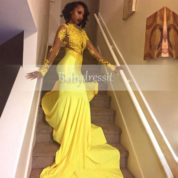 Pretty Yellow African Lace Appliqued South African Prom Dress Mermaid Long Sleeve Banquet Evening Party Gown Custom Made Plus Size