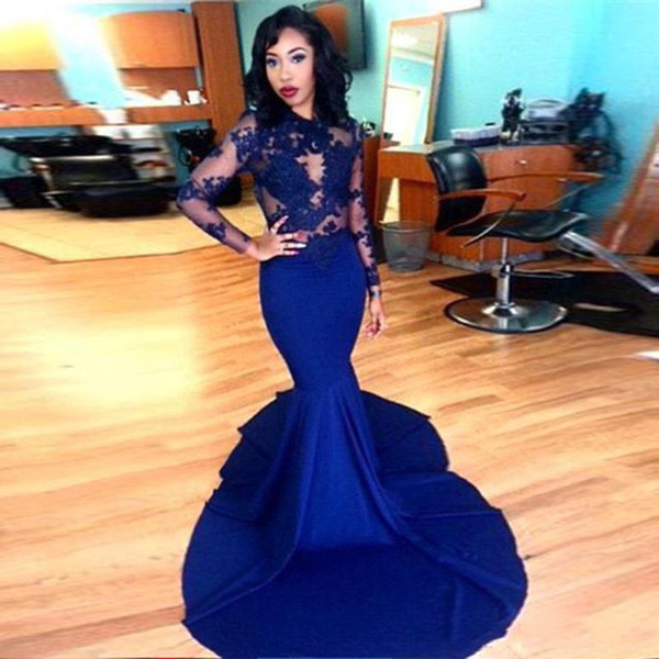 Gorgeous High-neck Long Sleeve Prom Dresses Lace Stretch Satin Mermaid Formal Celebrity Gowns New Royal Blue Zuhair Murad Evening Gown