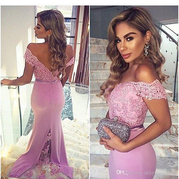 Light Purple Off Shoulder Evening Dresses Party Dresses Lace Mermaid Formal Party Prom Gowns With Buttons Bridesmaid Dresses CPS211