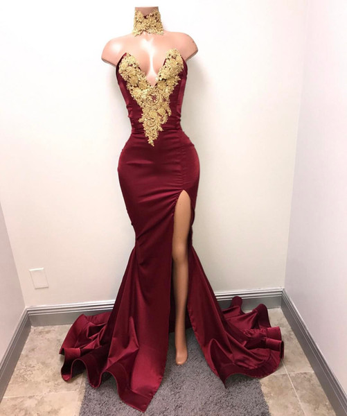 2017 Hot Sale Burgundy Mermaid Prom Dress Lace Appliques Sexy Slit Deep V-Neck Evening Gowns Formal Dresses