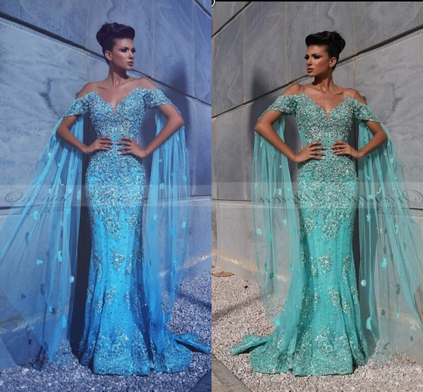 New Luxury Mermaid Evening Dresses Cap Wrap Sleeves Lace Appliques Crystal Beaded With Cape Flowers Blue Formal Party Dresses Prom Gowns