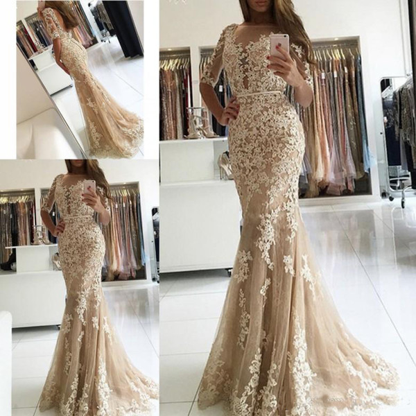 Elegant Champagne Lace Mermaid Evening Dresses Half Sleeve Open Back Prom Dress Long Formal Party Gowns