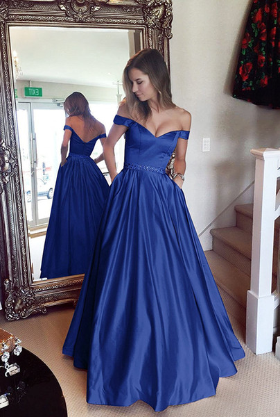 Beaded Off Shoulder Satin Long Evening Dresses with Pockets Formal Evening Gowns Elegant Party Dress Avondjurk Blush Pink Royal Blue Purple