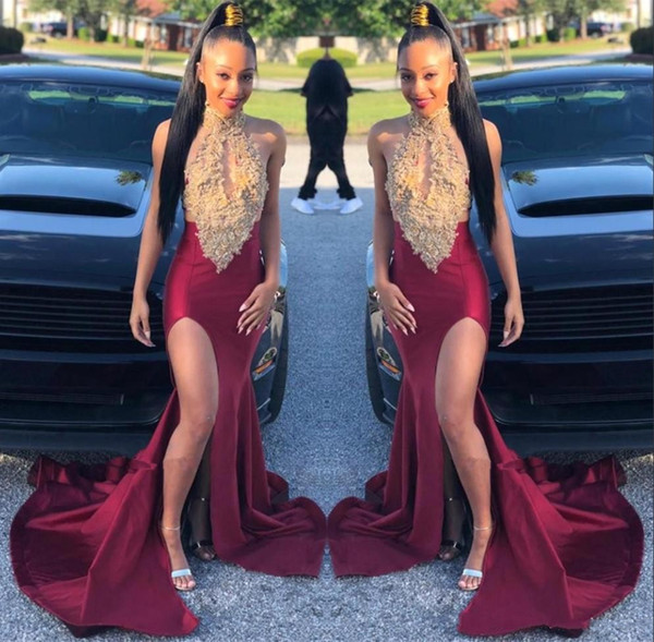 Black Girls Halter Satin Mermaid Long Prom Dresses Gold Lace Applique Split Sweep Train Party Evening Gowns