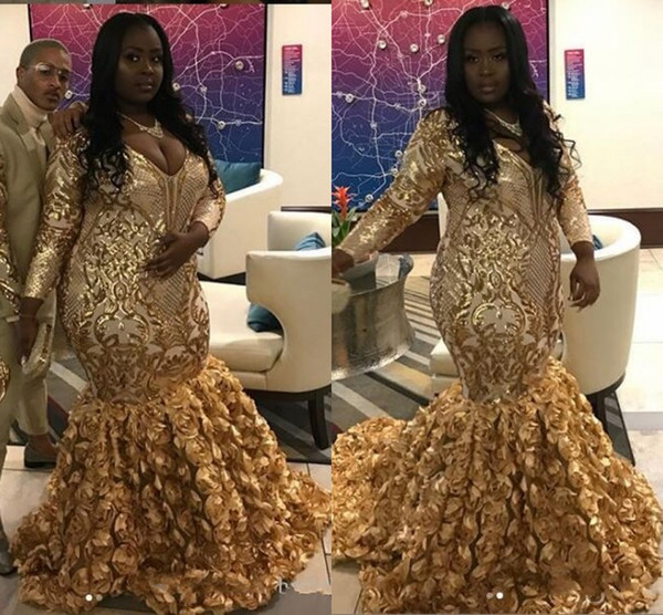 Gold Black Girls Plus Size Prom Dresses v neck Sequin Applique Long Sleeves Rose Floral Skirt Special Occasion Gowns