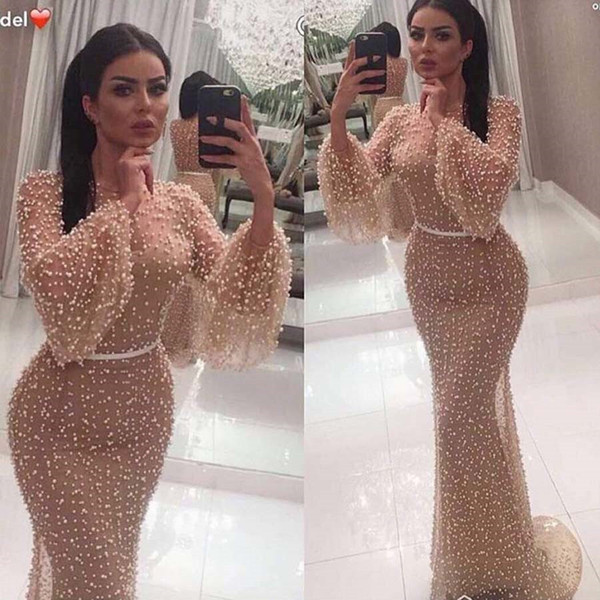 Real pictures Luxury heavy pearls Prom Dress abiti da cerimonia da sera formal long sleeves high quality mermaid evening dresses 2017