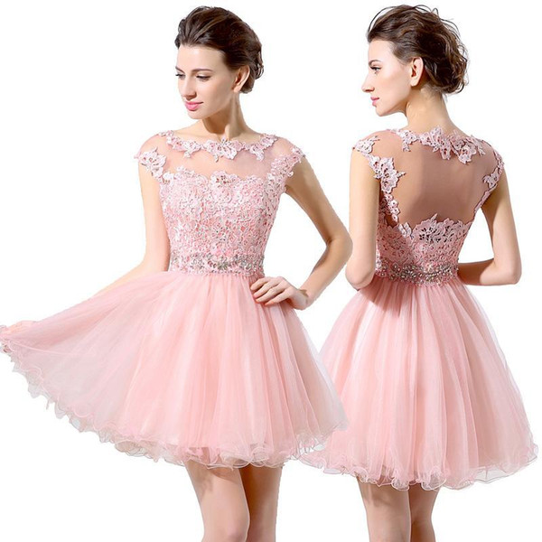 Junior 8th Grade Party Dresses Cute Pink Short Prom Dresses Cheap A-Line Mini Tulle Lace Beads Cap Sleeves Bateau Homecoming Dresses