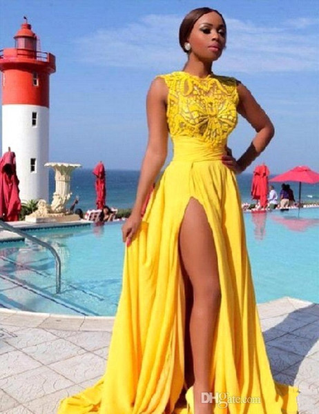 Bright Yellow Prom Dresses Side Split Chiffon Lace Appliques Dubai Evening Gowns Sheer Sexy Party Gowns