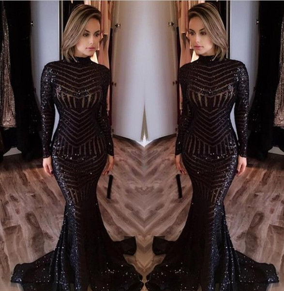 Sexy Black Mermaid Evening Dresses 2017 Newly High Neck Long Sleeves Sequined Prom Dresses Sweep Train Celebrity Red Carpet Gowns Custom