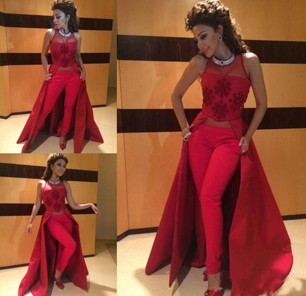 Kaftan Dubai Muslim Red Evening Dresses 2017 Arabic Myriam Fares Women Suit Pants Satin Formal Gowns Bridal Party Wear