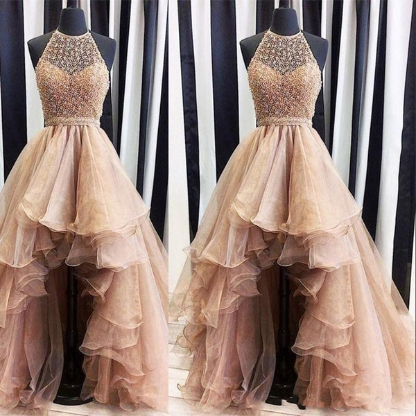 Rose Gold New Arrival High Low 2017 A line Prom Dresses Lace Jewel Illusion Sweetheart Beaded sleeveless Tulle Tiered Skirts evening gowns