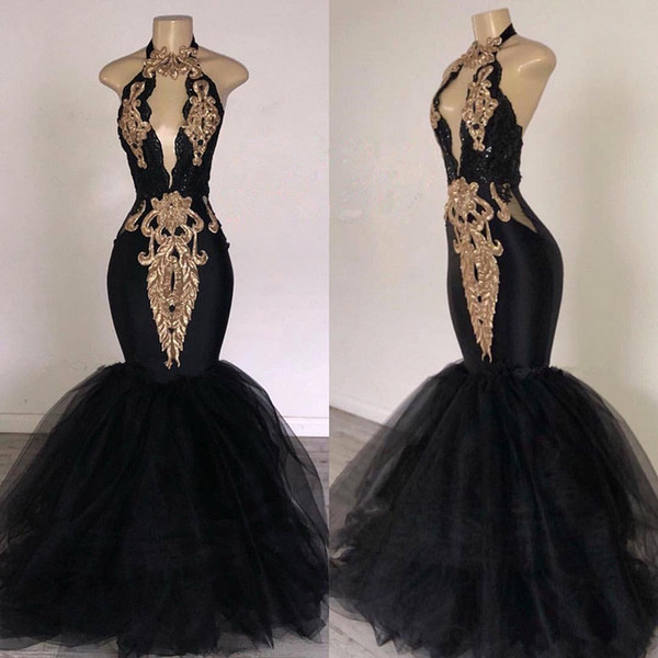 Sexy Black Halter Tulle Mermaid Long Prom Dresses Keyhole Lace Applique Beaded Floor Length Evening Party Dresses