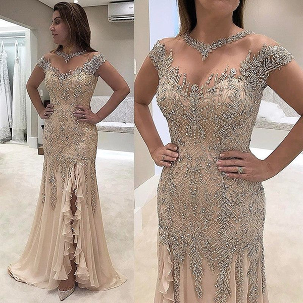 Luxury Sheer Neck Mermaid Evening Dresses Beadings Sequined High Side Split Prom Gowns Elegant Formal Dresses Evening Wear pArty Gowns